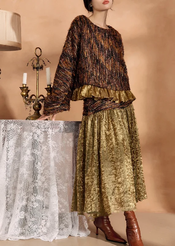 Casual Comfort Wear Fashion Brown Knit Sweaters And Silk Skirts Two Pieces Set Fall