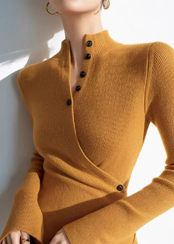 Youthful Style Slim Fit Yellow V Neck Wrinkled Cotton Knit Sweaters Winter