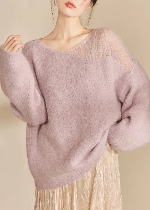 Single-shoulder Neck Design French Purple O Neck Hollow Out Woolen Sweater Tops Fall