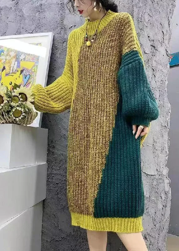 Soft Wearables Loose Yellow O Neck Cozy Patchwork Knit Sweater Dress Winter