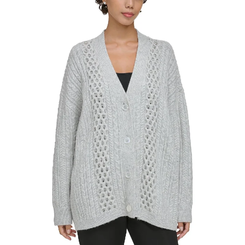 Weekend Comfort Donna Karan Womens   Cable Knit Embellished Cardigan Sweater