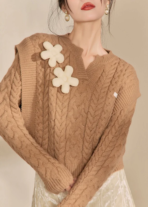 Cozy Fit Wear Handmade Brown V Neck Floral Thick Cable Cotton Knit Sweaters Winter