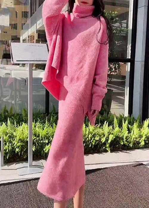 High-end Design Loose Pink Turtleneck Sweaters And Skirts Knit Two Pieces Set Winter
