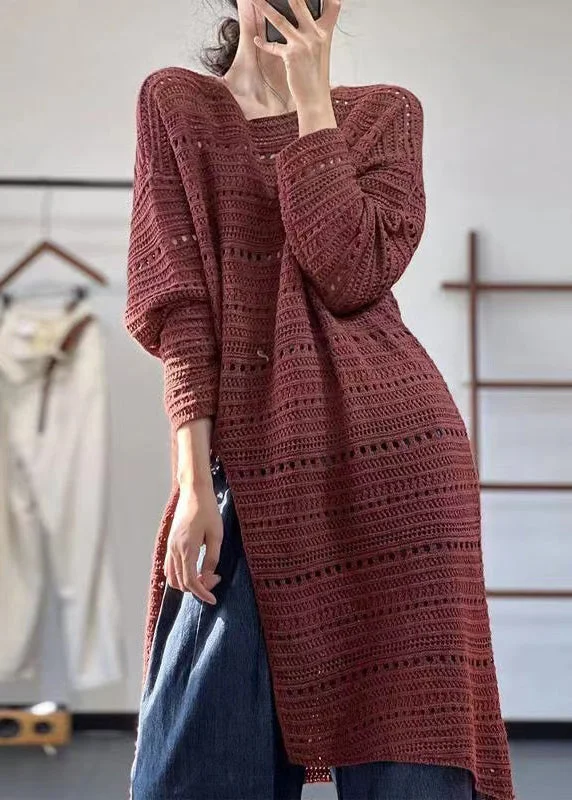 End Of The Year New Red O Neck Hollow Out Side Open Knit Dress Fall