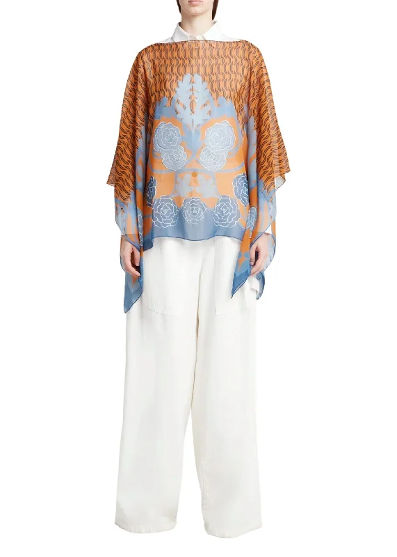 Bottom And Versatile Floral Wool & Cashmere Poncho In Blue Multi