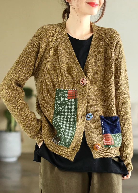 Elegant Dressing Boho Yellow V Neck Patchwork Applique Knit Cardigans Winter