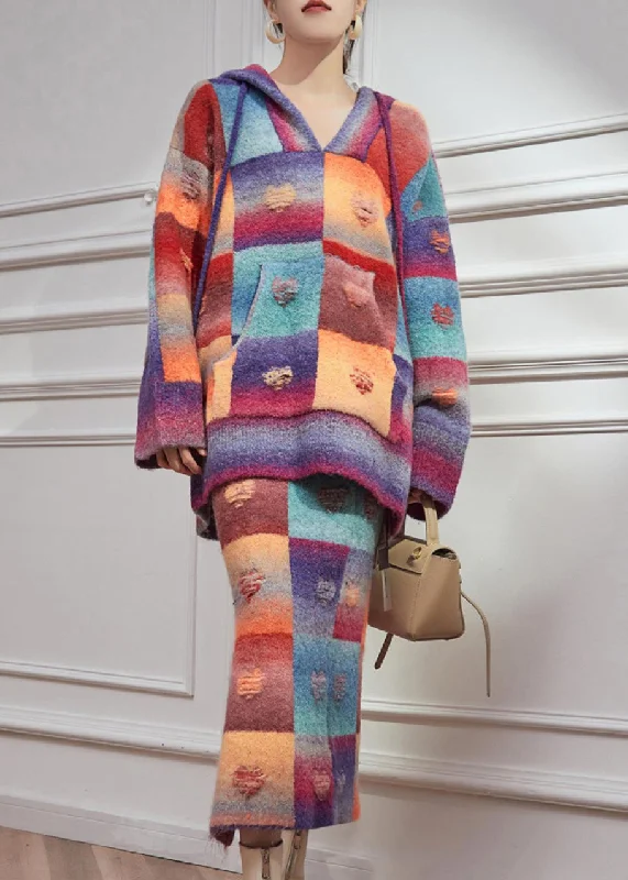 Editorial Design Beautiful Rainbow Hole Hooded Sweaters And Maxi Skirts Knitted Cotton Thread Two Pieces Set Winter
