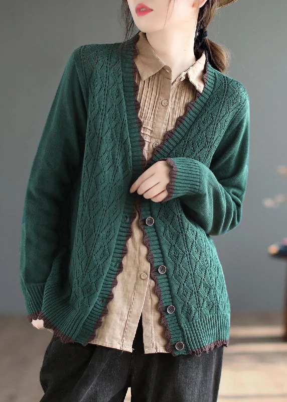 Cozy Fashion Art Green V Neck Single Breasted Knit Cardigan Winter