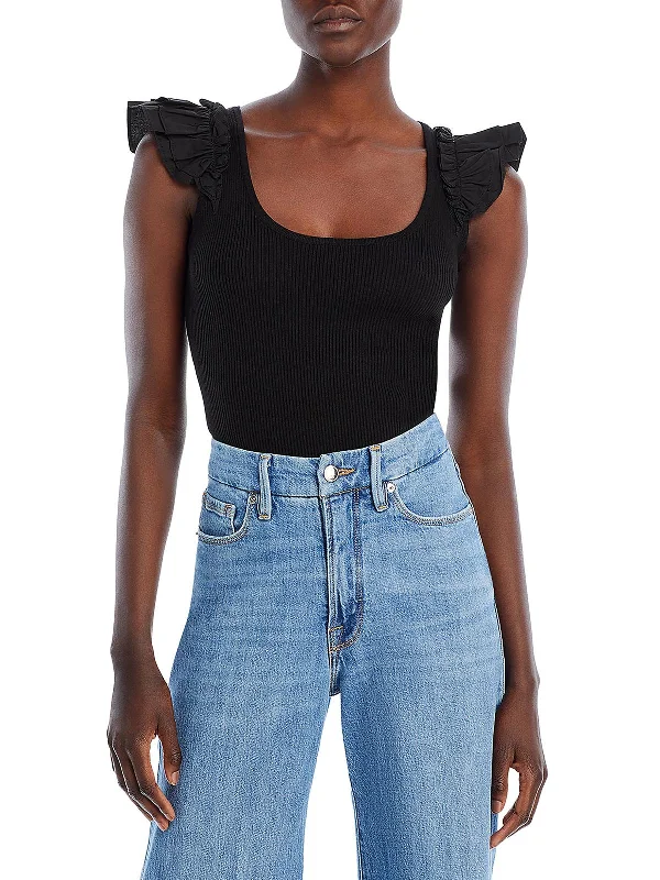 Design Perception Womens Ruffled Sleeve Ribbed Pullover Top