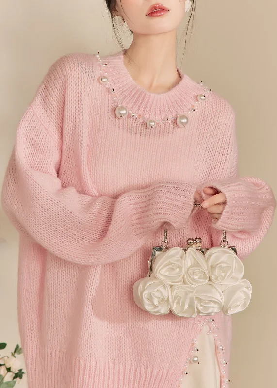 Chic Lounge Cute Pink O-Neck Nail Bead Thick Cotton Knit Sweaters Winter