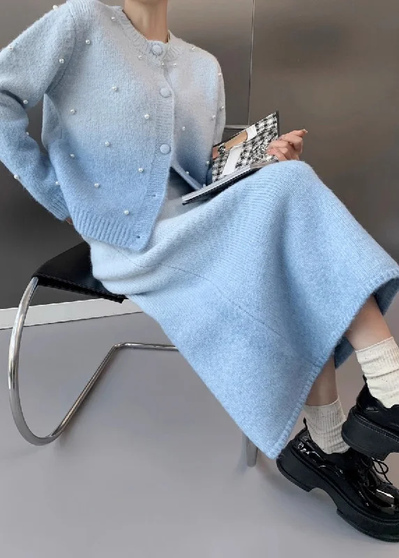 Classic Items Modern Blue O-Neck Nail Bead Cotton Knit Sweaters And Maxi Skirts Two Piece Set Fall