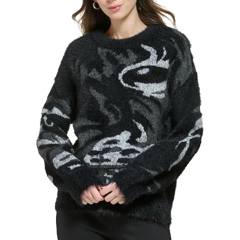 Knitted Design DKNY Womens Knit Printed Pullover Sweater