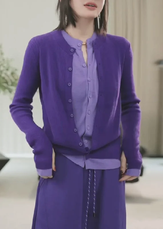 Casual Chic Wear Women Purple Button Patchwork False Two Pieces Knit Sweaters Winte