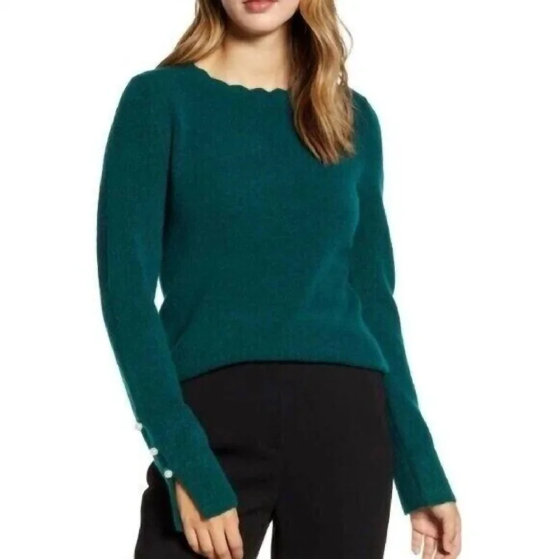 Slim Fit Scallop Crew Neck Sleeve Pullover Sweater In Green