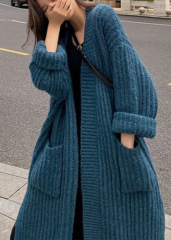 Classic Style Bohemian Blue Pockets Knit Cardigan Spring