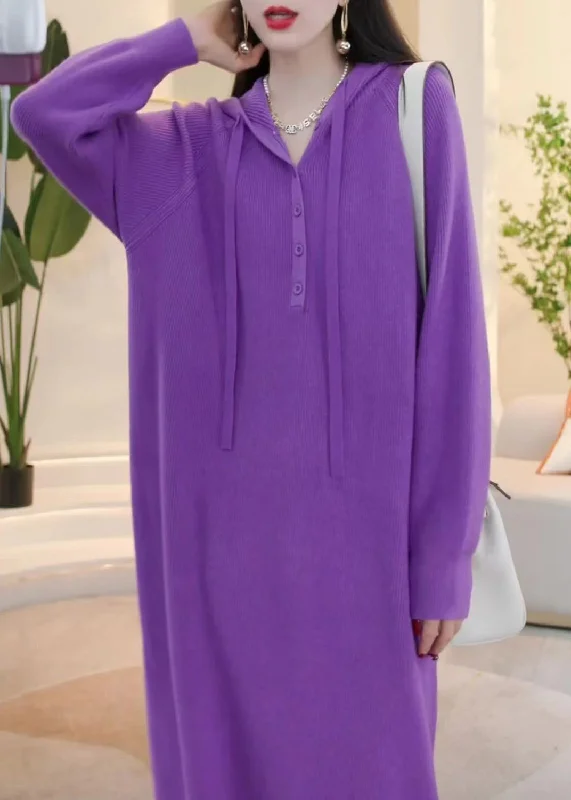 Sports And Leisure Simple Purple Hooded Button Solid Knit Sweater Dress Winter