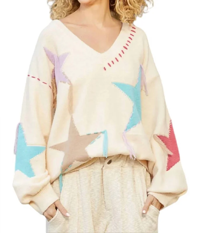 Comfortable And Simple Star Sweater With Fringe Detail In Beige