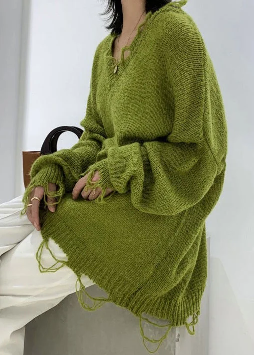 Body Design Fashion Green V Neck Ripped Ma Hai Mao Knit Sweaters Winter