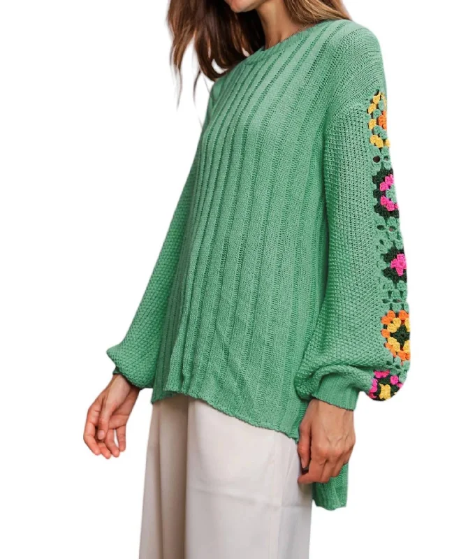 Soft Touch Sweater With Crochet Arms In Mint Green
