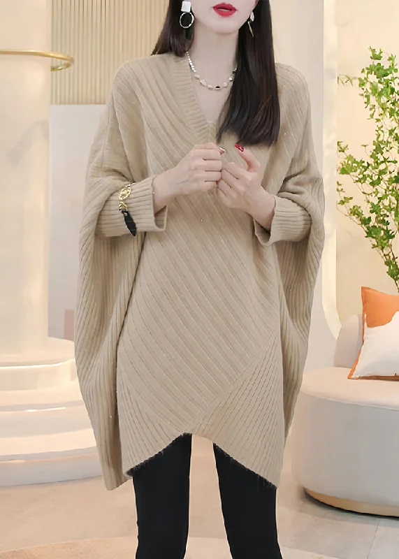 Comfort Fit Loose Light Khaki V Neck Cozy Knit Sweater Batwing Sleeve