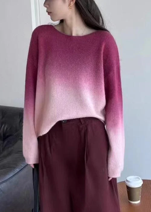 Elegant And Noble Italian Pink Gradient Color Cozy Knit Sweater O Neck Winter