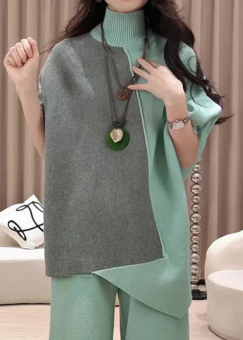 Elegant Dressing Loose Green Asymmetrical Patchwork Knit Sweaters Winter