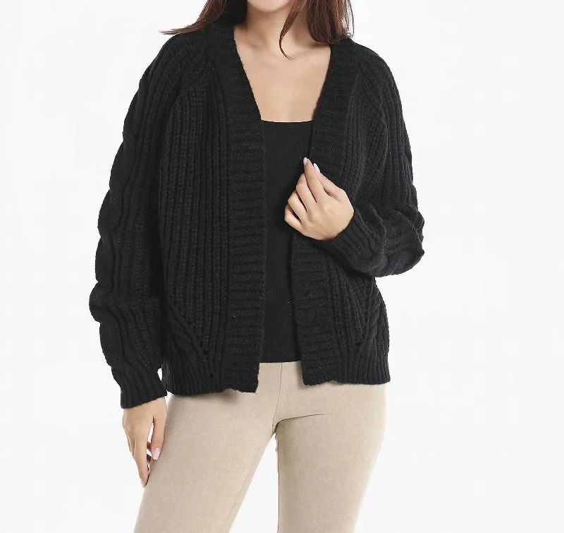Elegant And Charming Open Front Cable Knit Cardigan In Black