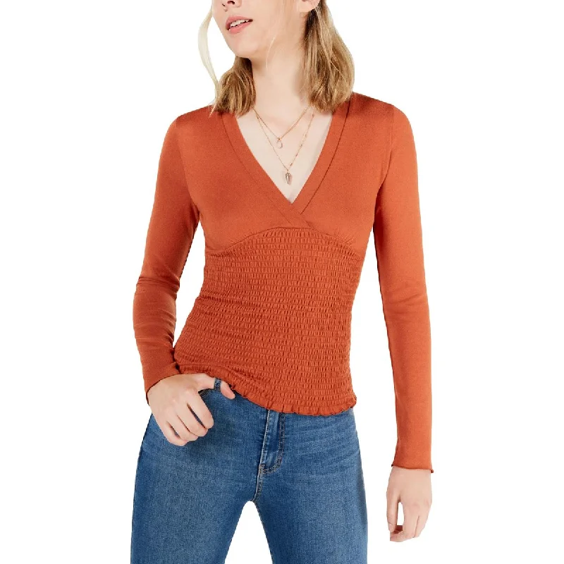 Layered Comfort Freshman Womens Juniors Hacci Knit Smocked Pullover Sweater