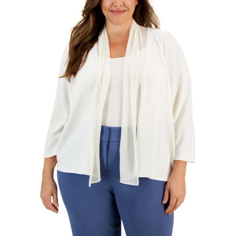 Casual Elegance Kasper Womens Plus Chiffon Trim Open Front Cardigan Sweater