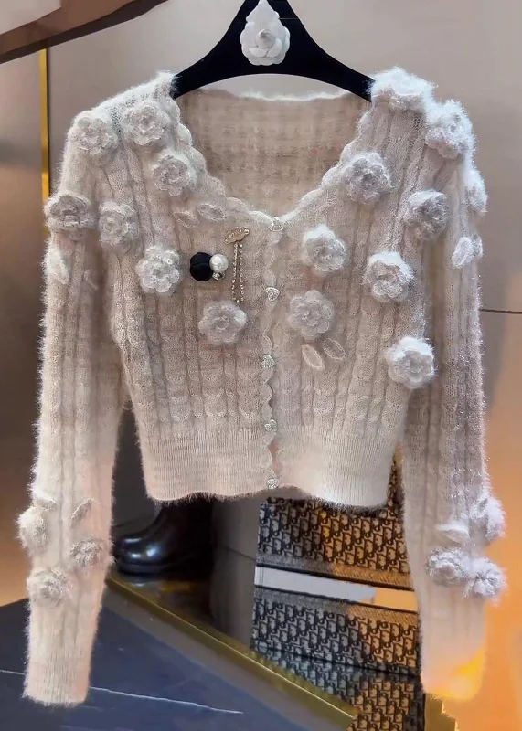 Goddess Style Slim Fit Beige Button Floral Patchwork Knit Sweaters Winter