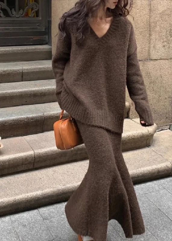 Elegant Design Plus Size Brown Cozy Cotton Knit Sweaters And Maxi Skirts Two Pieces Set Winter