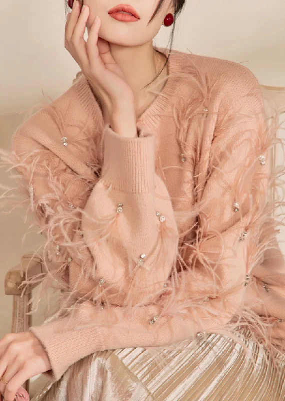 Weekend Comfort Organic Skin Pink O-Neck Zircon Feather Cotton Knit Sweater Winter