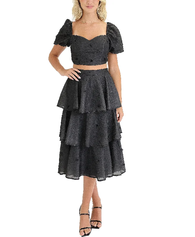 Fresh And Natural Textured Floral Top & Tiered Ruffle Skirt Set- 2 Pc Set