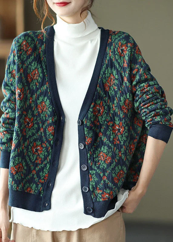 Breathable Style Bohemian Navy V Neck Print Knit Cardigan Winter