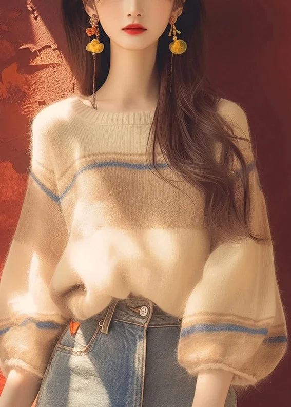 High-quality Design Women Apricot O Neck Cozy Patchwork Knit Sweater Winter