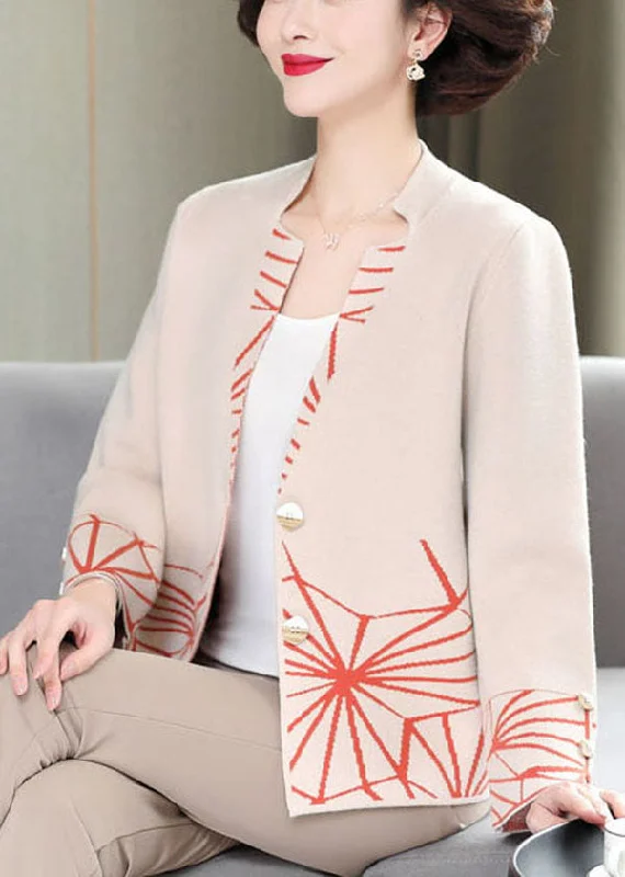 Classic Series Beige Print Knit Cardigans V Neck Patchwork Long Sleeve