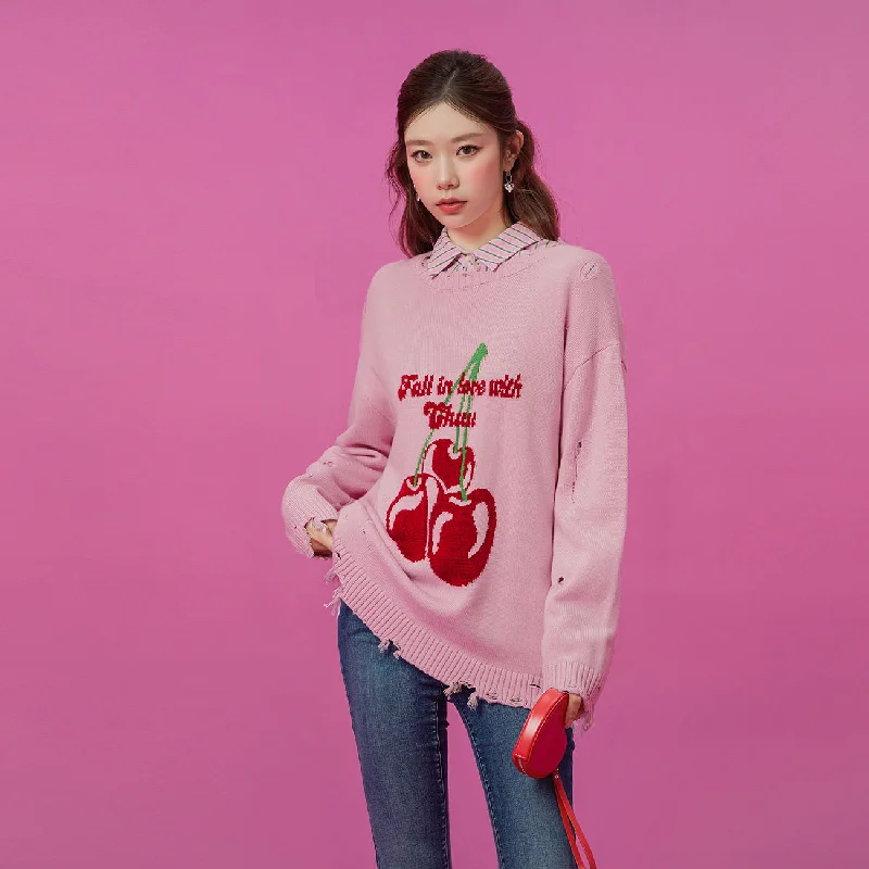 All-Day Style Distressed Cherry Loose Knit Sweater