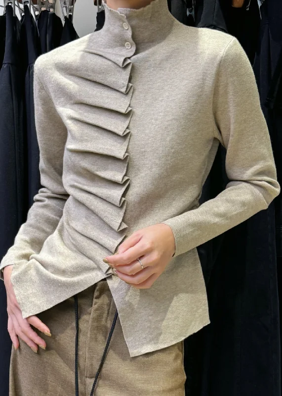 Timeless Style Slim Fit Oatmeal Wrinkled Button Knit Sweater Winte