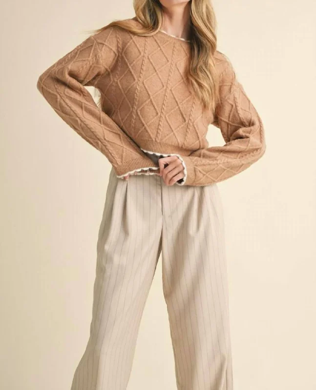 Short Design Cable Knit Cropped Sweater In Camel