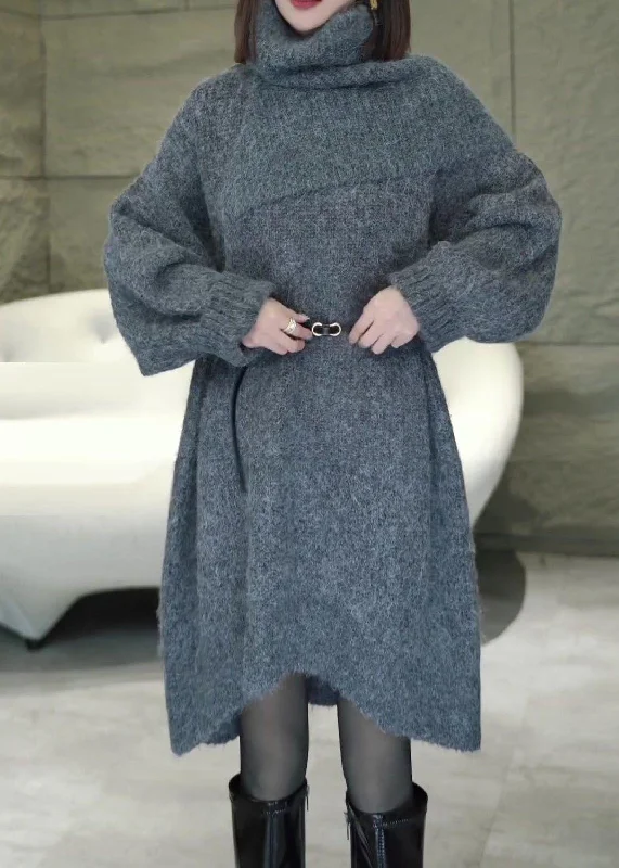 Fresh Comfort Loose Grey Turtleneck Solid Cozy Knit Sweater Dress Winter
