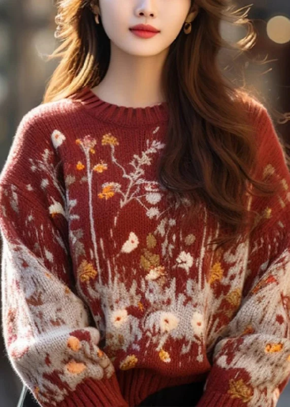 Warm Layers Jacquard Red O-Neck Cozy Loose Knit Sweater Winter