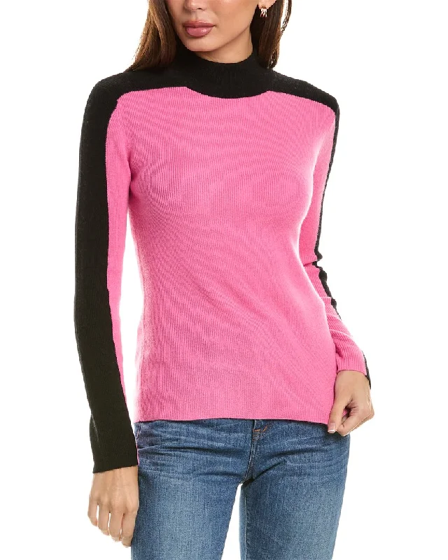 Easy Comfort Style Magaschoni Mock Neck Two-Tone Rib Cashmere Pullover