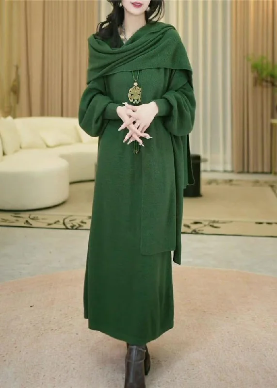 Fashionable And Versatile Women Green Cozy Solid Long Knit Dress Winter