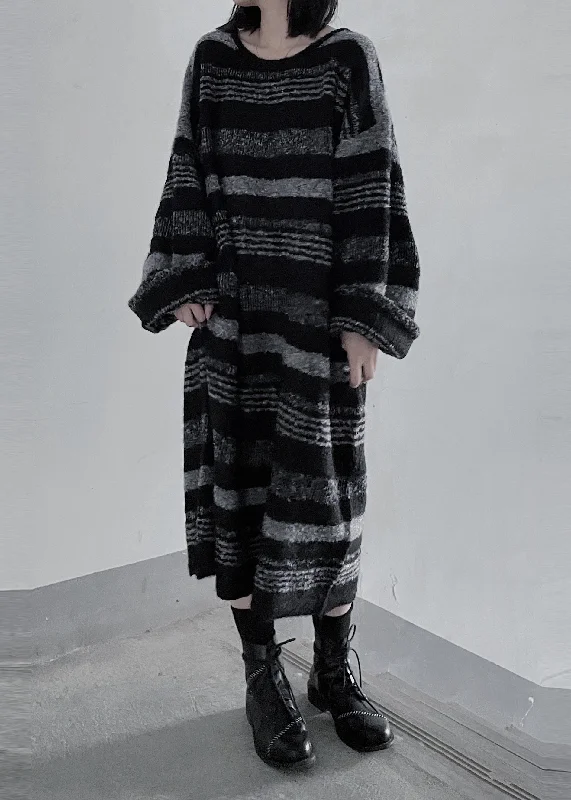 Goddess Style Loose Black O Neck Striped Cashmere Sweaters Dress Fall