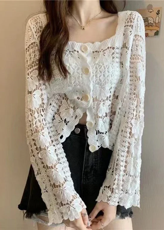 French Retro French White Square Collar Hollow Out Knit Top Summer