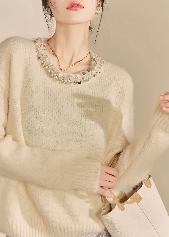 Playful Style Chic Apricot O Neck Nail Bead Woolen Sweater Tops Fall
