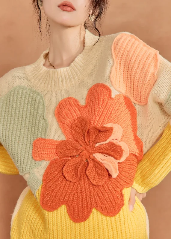New Autumn And Winter Styles French Multicolor O-Neck Floral Knit Sweaters Winter
