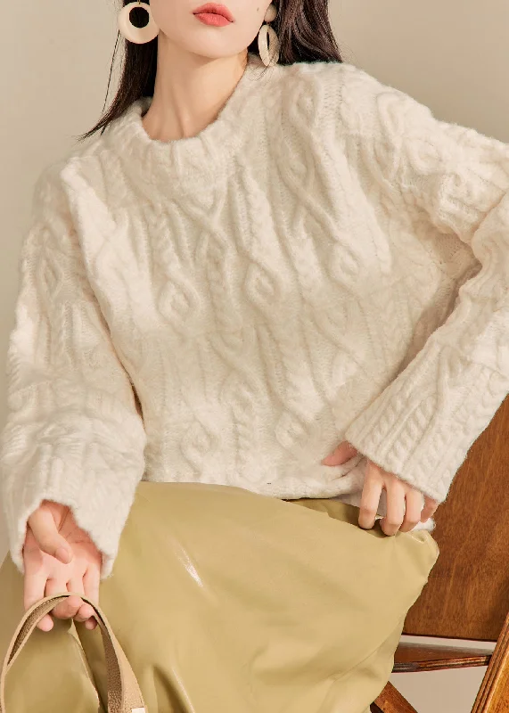 Stunning Fashion Italian Beige O Neck Thick Cable Knit Sweaters Fall