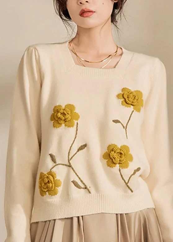 Cozy Outfit Casual Light Yellow Square Collar Floral Cotton Knit Sweaters Winter
