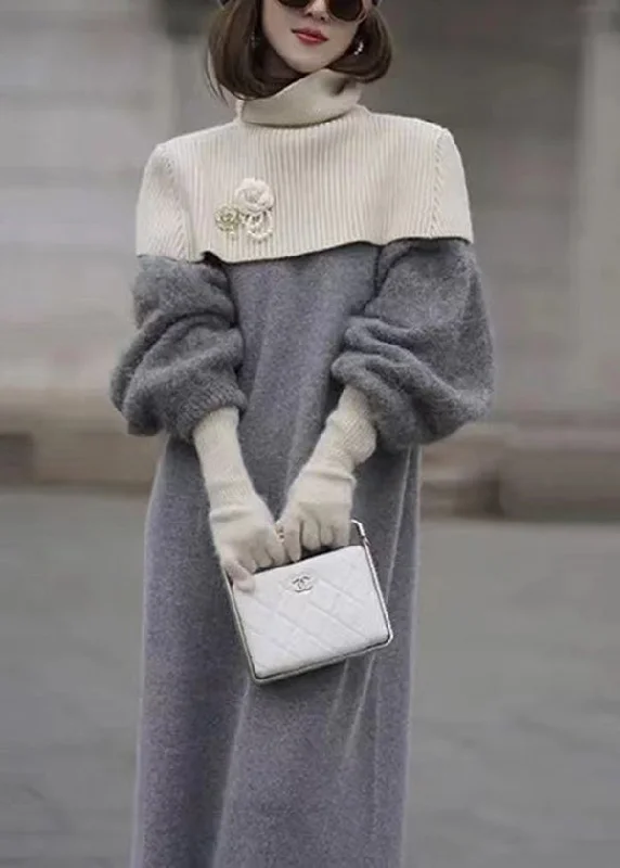 Cozy Lifestyle Italian Grey O Neck Woolen Sweater Dress Lantern Sleeve